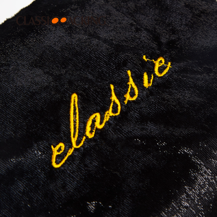 shiny black glitter makeup bag logo closeup